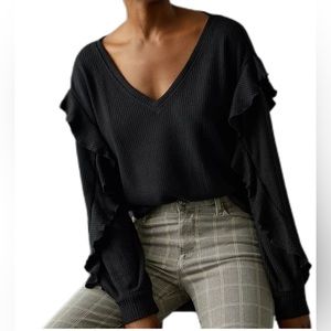NWT- Anthropologie Pilcro Waffle Knit Ruffled V-Neck Top